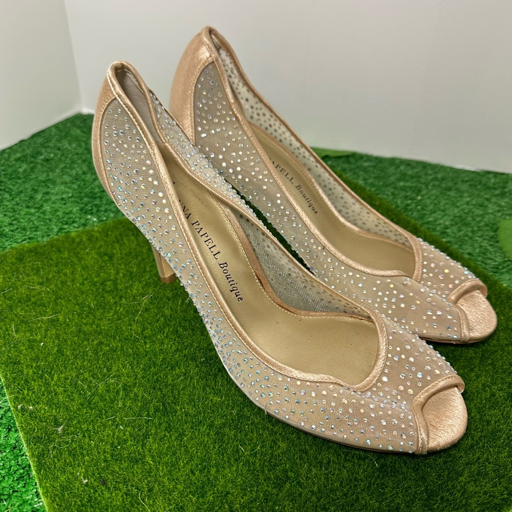 Adrianna Papell Gold Champagne Rhinestone Peep Toe Heels